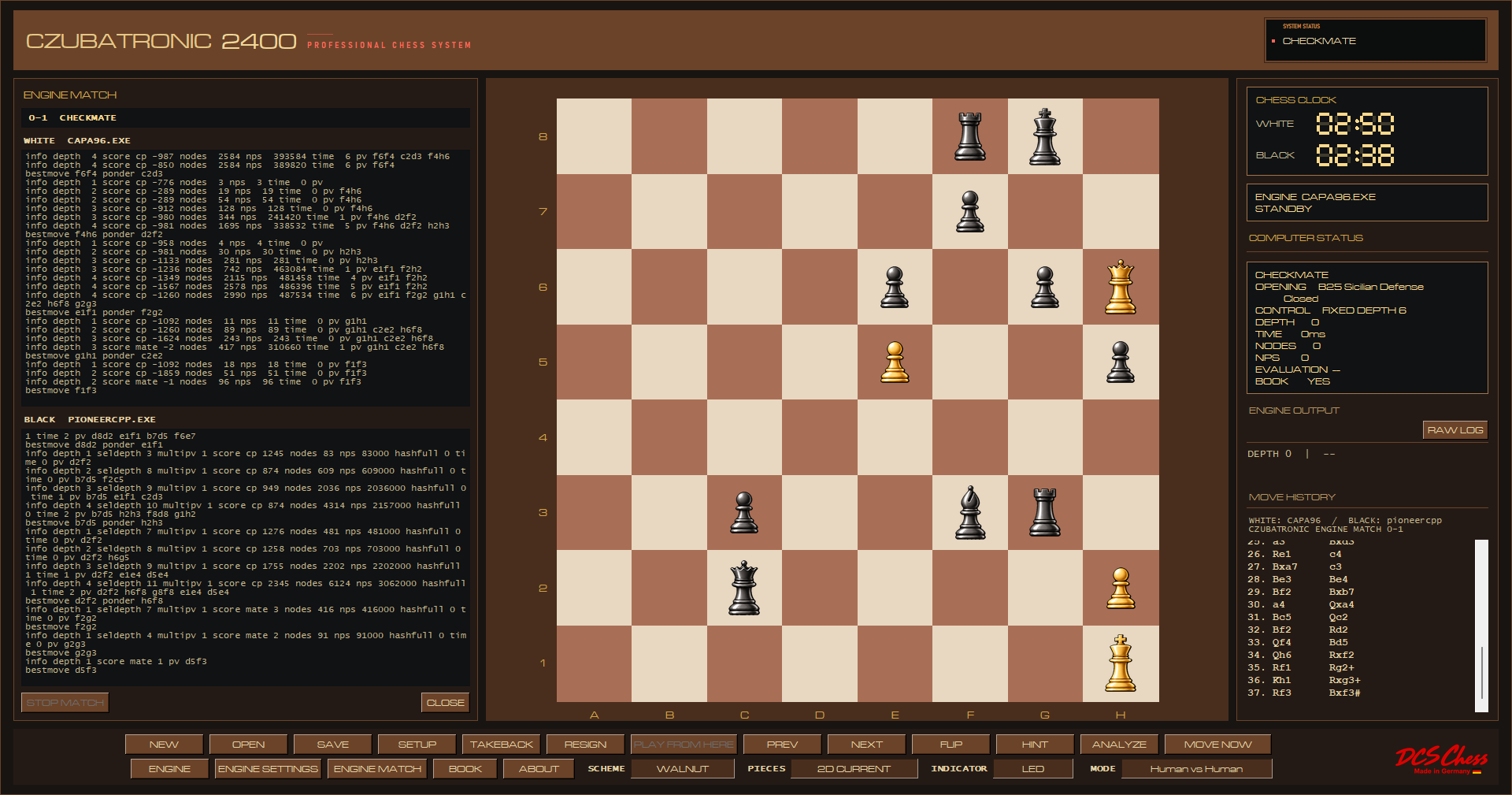 An engine match in CZUBATRONIC 2400: Capa against Pioneer, with both engines' search output in the match panel and the final checkmate on the board