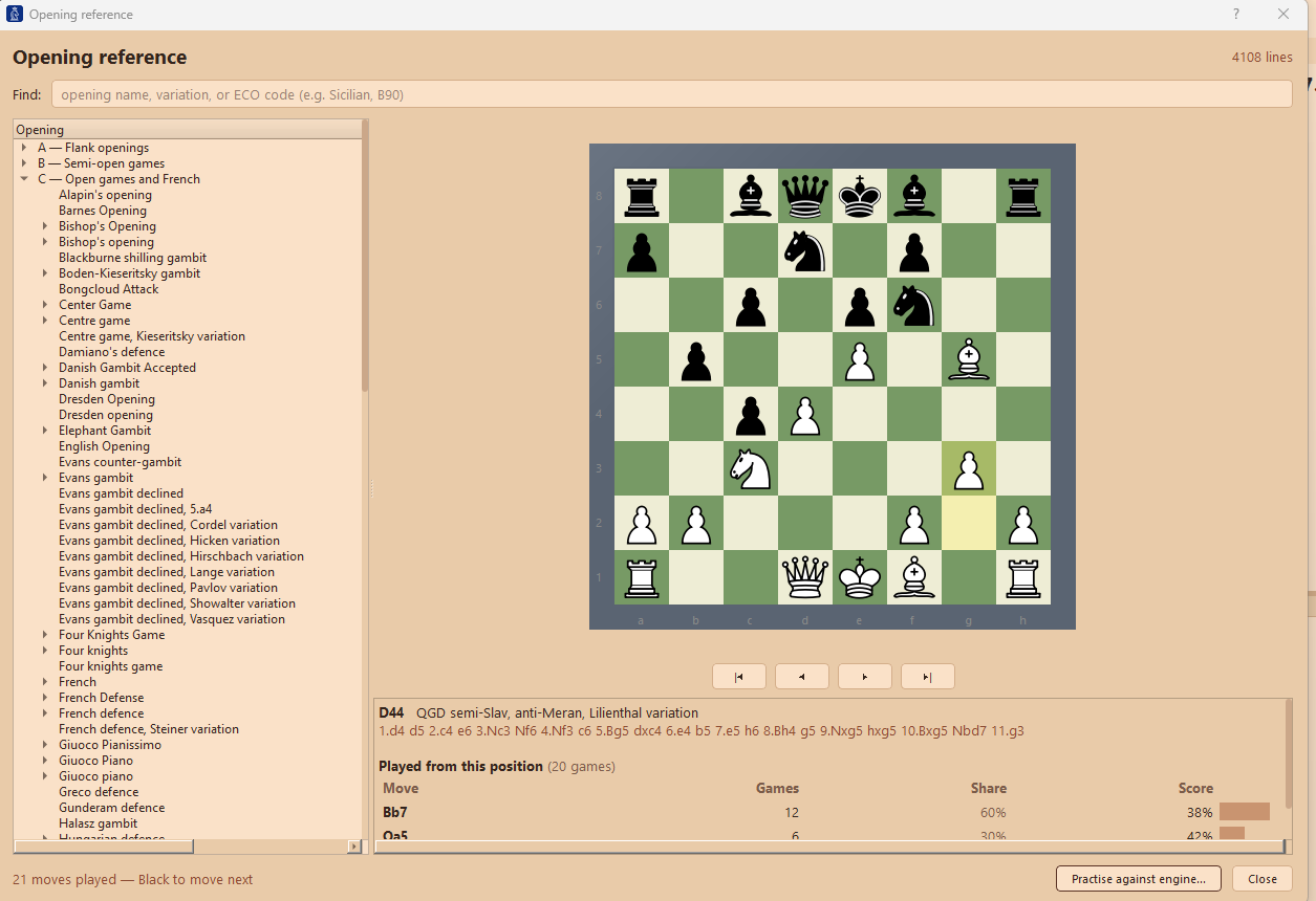 LINEACHESS opening reference with 4,108 named lines, master move statistics and a practise button