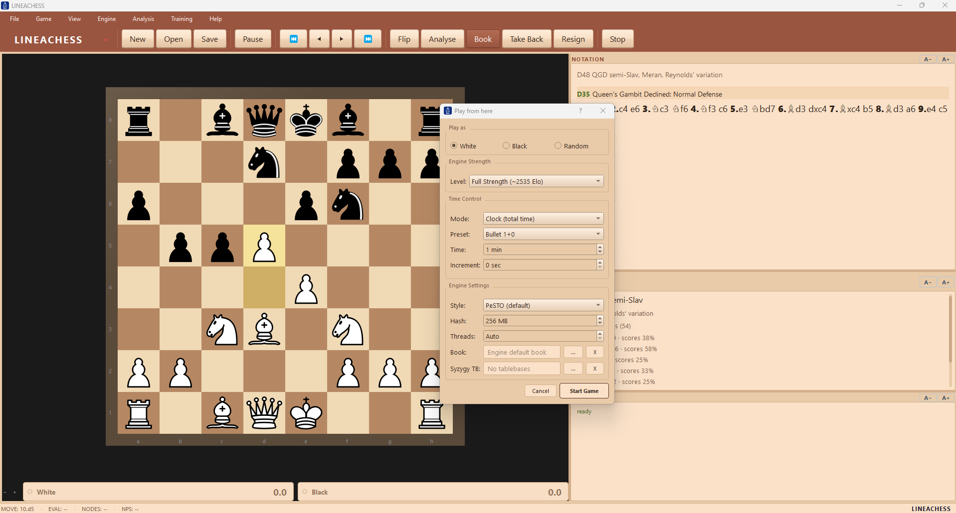Playing a game in LINEACHESS against the built-in engine, with board, notation and engine evaluation