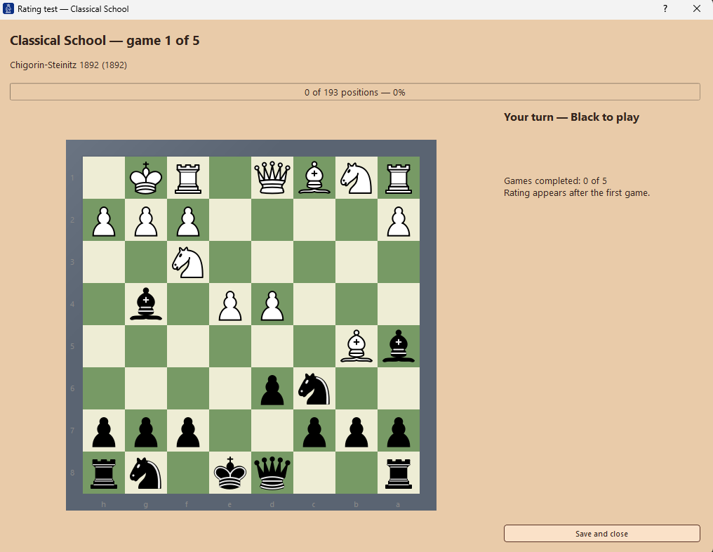 LINEACHESS rating test in progress, scoring the player's move in a historic position