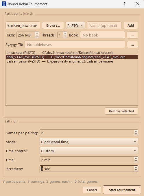 LINEACHESS round-robin tournament setup with multiple chess engines