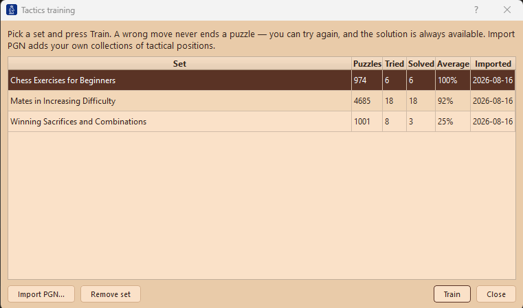 LINEACHESS tactics training with 6,660 bundled puzzles, scoring and a countdown